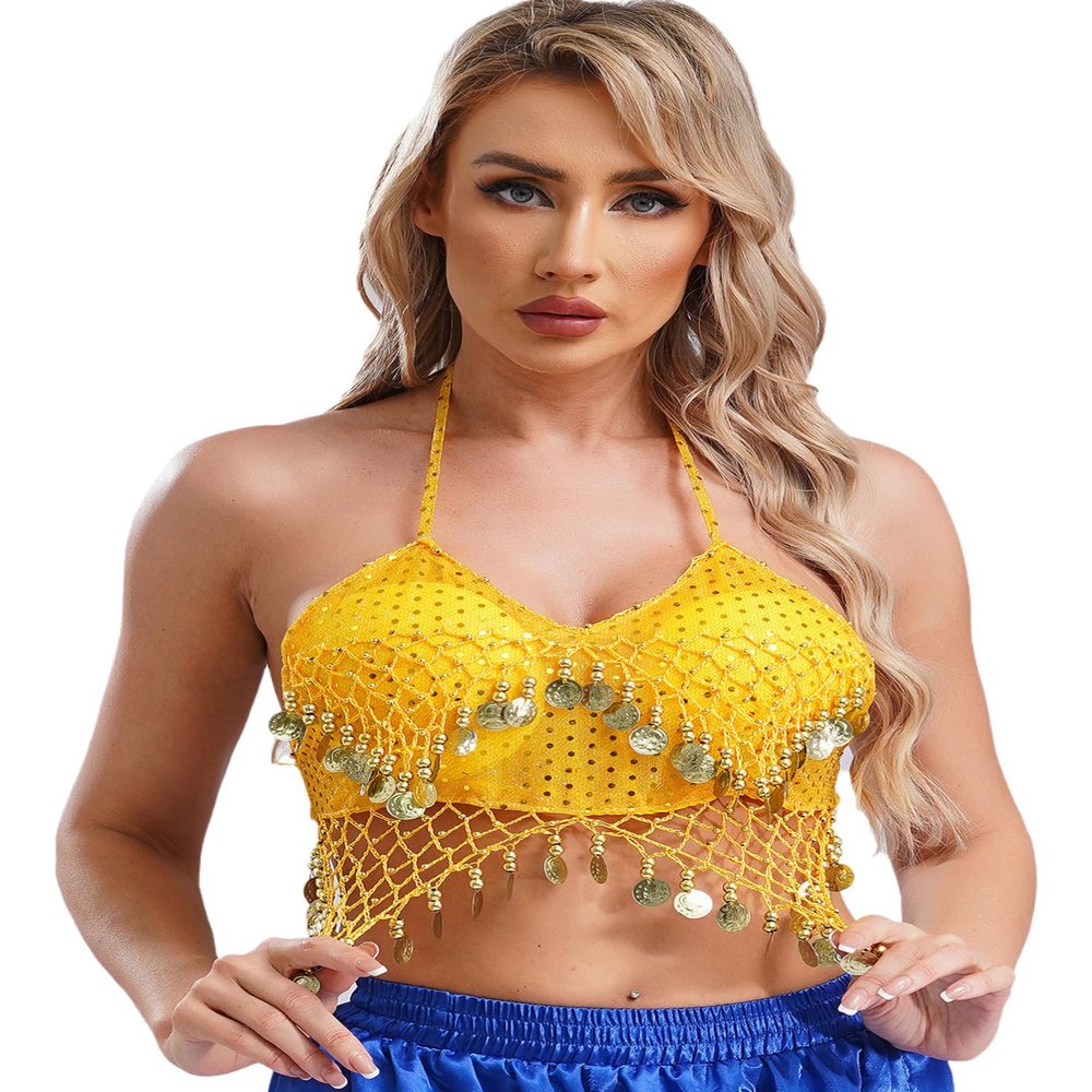 Alvivi Women's Sparkly Sequins Belly Dance Crop Tops Beading Tassels Halter Mini Bra Dance Costume Yellow One Size