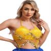 Alvivi Women's Sparkly Sequins Belly Dance Crop Tops Beading Tassels Halter Mini Bra Dance Costume Yellow One Size view 2
