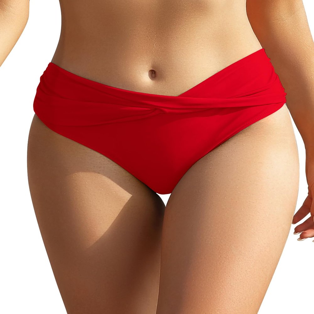 SHEKINI Women's Bikini Bottom Twist Front Cheeky Swimsuit Ruched Bathing Suit Bottoms Rose Red