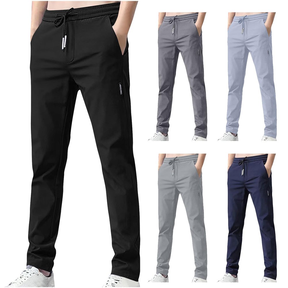 Unisex Ultra Stretch Quick Drying Pants Ice Silk Breathable Pants Light Thin Slim Casual Classic Trousers Long Pants Black