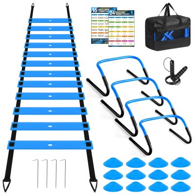 BORNEW Agility Speed Training Equipment Set, Football Practise Set with 20ft Agility Ladder, 12 Cones, 4 Adjustable Hurdles, Jump Rope, Parachute, for Basketball, Soccer, Football, Kids, Youth, Adults