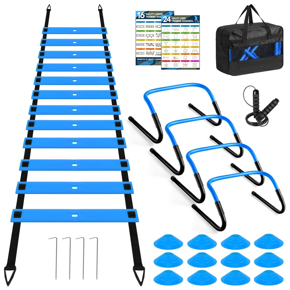 BORNEW Agility Speed Training Equipment Set, Football Practise Set with 20ft Agility Ladder, 12 Cones, 4 Adjustable Hurdles, Jump Rope, Parachute, for Basketball, Soccer, Football, Kids, Youth, Adults