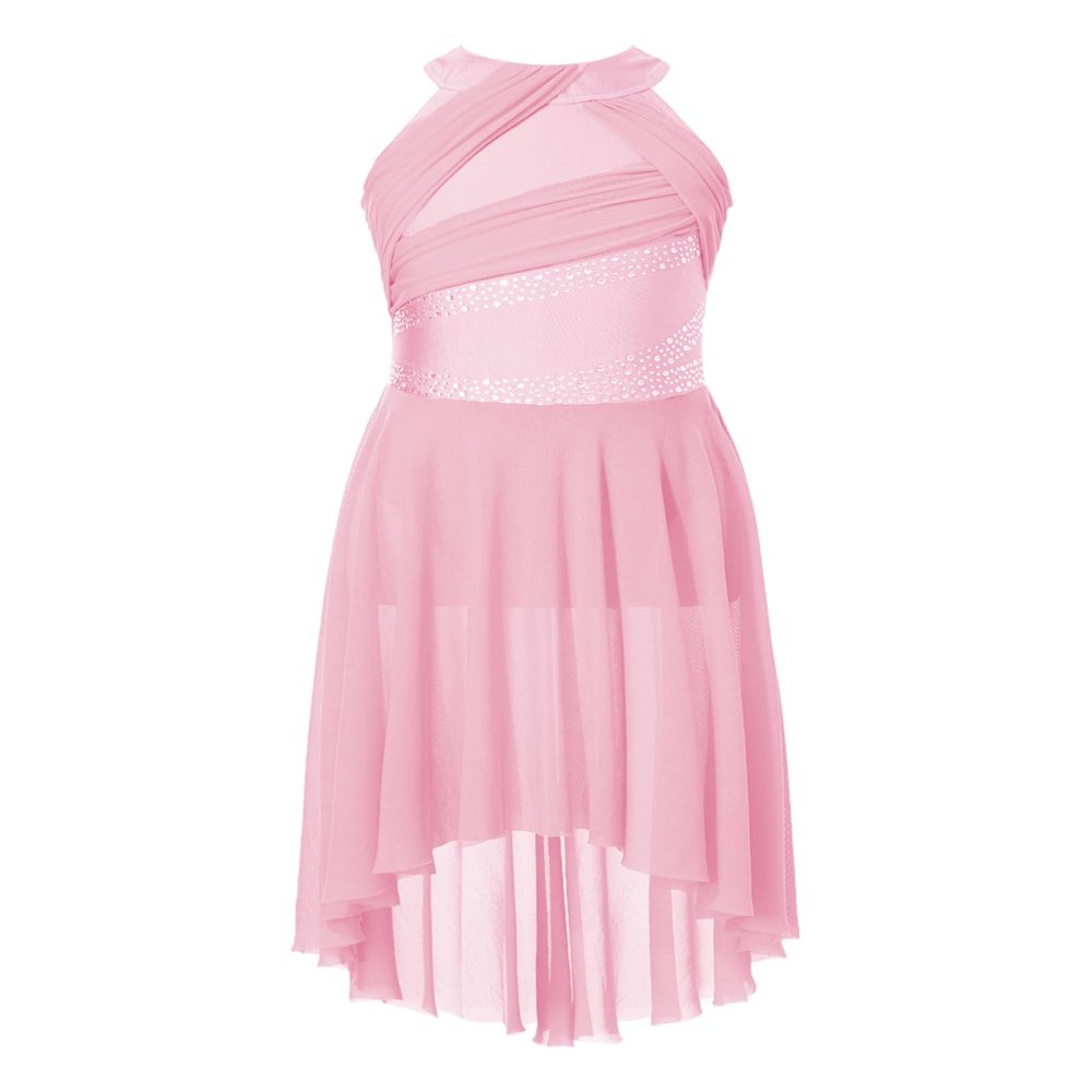 Xnihocha Kids Girls Sleeveless Glitter Rhinestone Figure Skating Dress Lyrical Contemporary Dance Performance Dress Pink 8 Years