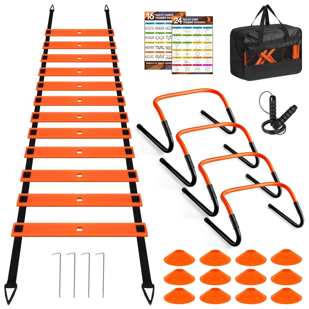 BORNEW Agility Speed Training Equipment Set, Football Practise Set with 20ft Agility Ladder, 12 Cones, 4 Adjustable Hurdles, Jump Rope, for Basketball, Soccer Training, Football, Kids, Youth, Adults