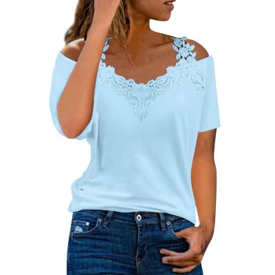 2024 Off The Shoulder Tops for Women Summer Dressy Causal Short Sleeve Tshirts Shirts Trendy Lace V Neck Loose Blouses Fashion Cute Tees Tunics Vacation Outfits (A Sky Blue, 3X-Large)