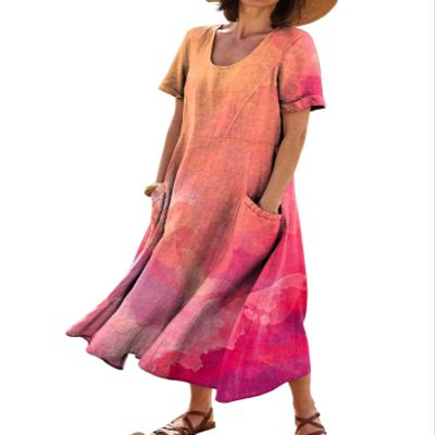 Zhyaj Boho Summer Dress for Womens Round Neck Short Sleeve Maxi Dresses Casual Summer Floral Printed Loose Long Dress with Pockets Peach