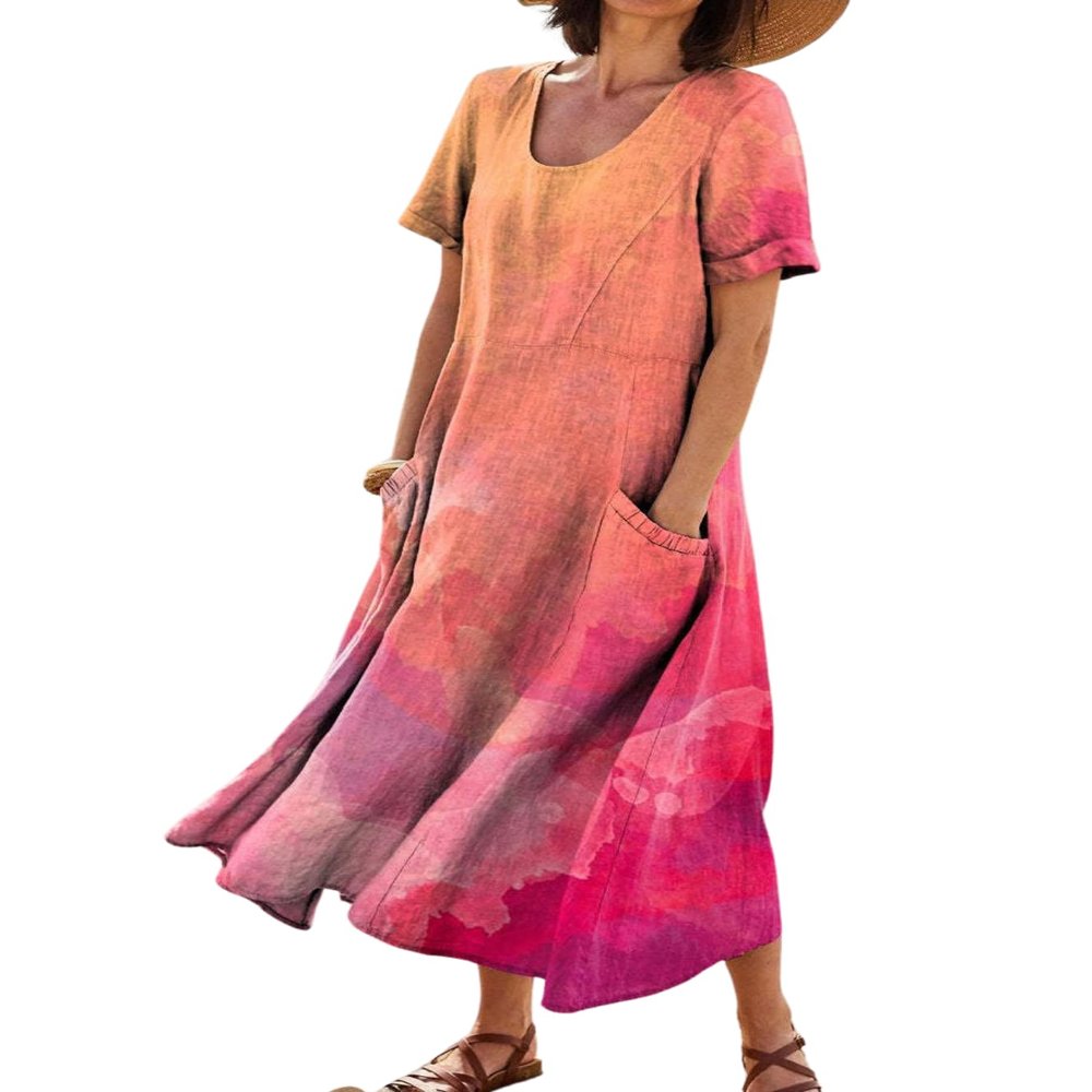 Zhyaj Boho Summer Dress for Womens Round Neck Short Sleeve Maxi Dresses Casual Summer Floral Printed Loose Long Dress with Pockets Peach