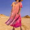 Zhyaj Boho Summer Dress for Womens Round Neck Short Sleeve Maxi Dresses Casual Summer Floral Printed Loose Long Dress with Pockets Peach view 2