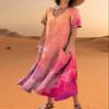 Zhyaj Boho Summer Dress for Womens Round Neck Short Sleeve Maxi Dresses Casual Summer Floral Printed Loose Long Dress with Pockets Peach view 3