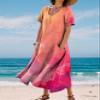 Zhyaj Boho Summer Dress for Womens Round Neck Short Sleeve Maxi Dresses Casual Summer Floral Printed Loose Long Dress with Pockets Peach view 4