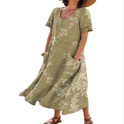 Zhyaj Women's Boho Summer Dress Round Neck Short Sleeve Maxi Dresses Casual 2024 Summer Floral Printed Loose Long Dress with Pockets Green