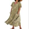 Zhyaj Women's Boho Summer Dress Round Neck Short Sleeve Maxi Dresses Casual 2024 Summer Floral Printed Loose Long Dress with Pockets Green view 1