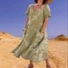 Zhyaj Women's Boho Summer Dress Round Neck Short Sleeve Maxi Dresses Casual 2024 Summer Floral Printed Loose Long Dress with Pockets Green view 2