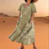 Zhyaj Women's Boho Summer Dress Round Neck Short Sleeve Maxi Dresses Casual 2024 Summer Floral Printed Loose Long Dress with Pockets Green view 3