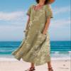 Zhyaj Women's Boho Summer Dress Round Neck Short Sleeve Maxi Dresses Casual 2024 Summer Floral Printed Loose Long Dress with Pockets Green view 4