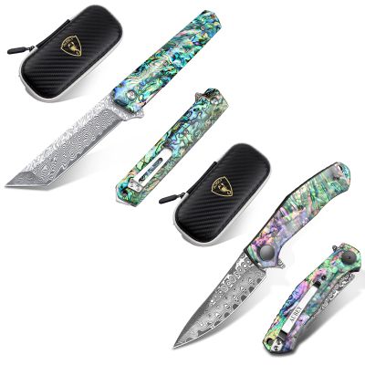 AUBEY Damascus Pocket Knife with Abalone Shell Handle for EDC Camping Collection