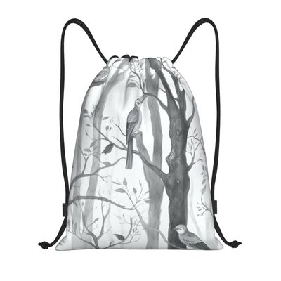 CSGJMYGS Drawstring Backpack for Women Men Gym Drawstring Bags Gray Woods and Birds String Bag Swim Bag