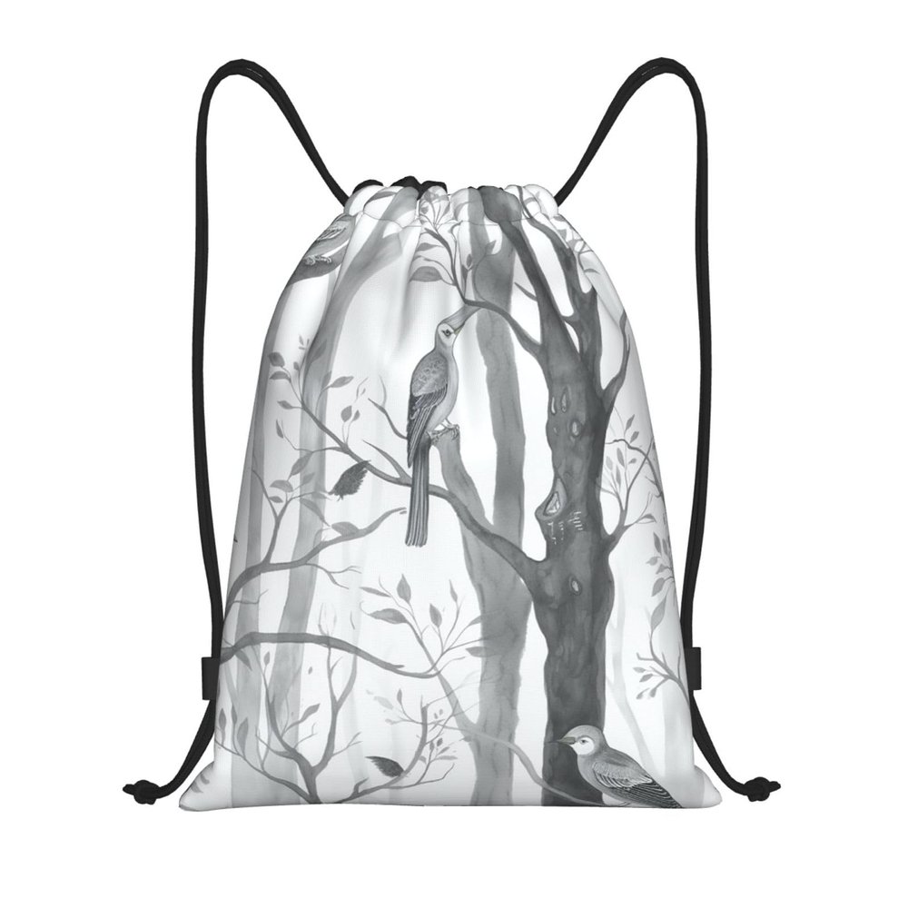 CSGJMYGS Drawstring Backpack for Women Men Gym Drawstring Bags Gray Woods and Birds String Bag Swim Bag