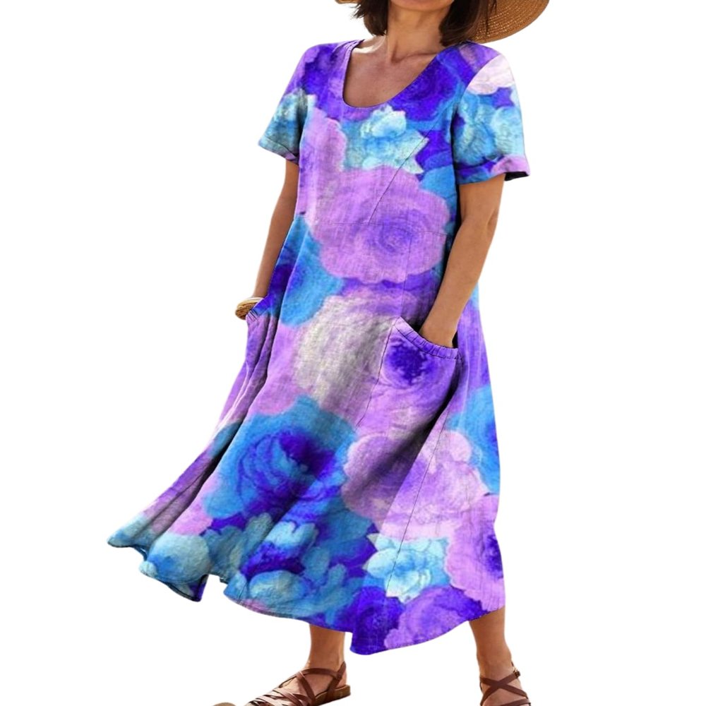 Zhyaj Boho Summer Dress for Womens Round Neck Short Sleeve Maxi Dresses Casual Summer Floral Printed Loose Long Dress with Pockets Purple