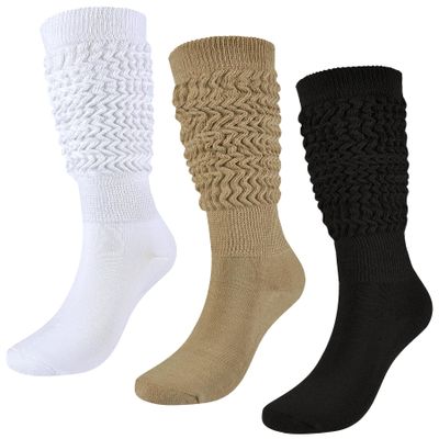 Slouch Socks Girls Cushioned Chunky Stacked Boot Socks Soft Knit Warm Long Athletic Knee High Sock Scrunch 7-10 Years Kids Children 3 Pairs(Black+Khaki+White, M)