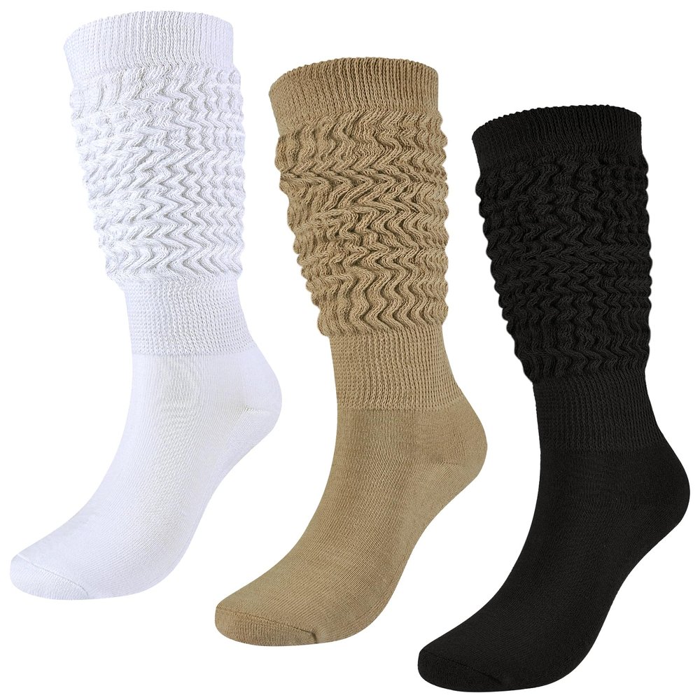 Slouch Socks Girls Cushioned Chunky Stacked Boot Socks Soft Knit Warm Long Athletic Knee High Sock Scrunch 7-10 Years Kids Children 3 Pairs(Black+Khaki+White, M)