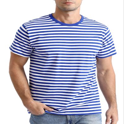 Funny World Blue and White Striped Shirt Men Cotton Short Sleeve Casual T Shirts, Blue & White, X-Large