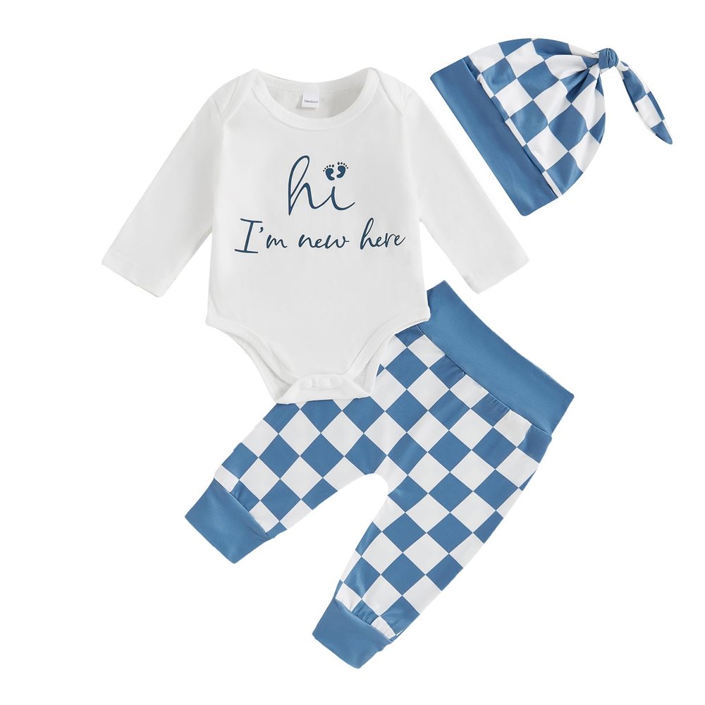 MERSARIPHY Hi I'm New Here Newborn Outfit Baby Boy Girl Going Home Hospital Clothes Letter Romper Pants Infant Clothing Set (Blue Plaid, 3-6 Months)