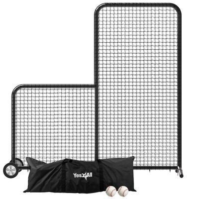 Anova L Screen Baseball Net for Batting and Pitching with 2 Basic Baseballs and Carry Bag Included, Baseball & Softball Screen, 7x7ft with Wheels Pitching Net, Black
