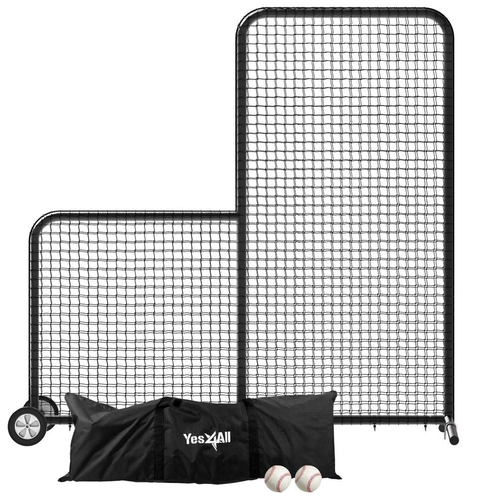 Anova L Screen Baseball Net for Batting and Pitching with 2 Basic Baseballs and Carry Bag Included, Baseball & Softball Screen, 7x7ft with Wheels Pitching Net, Black
