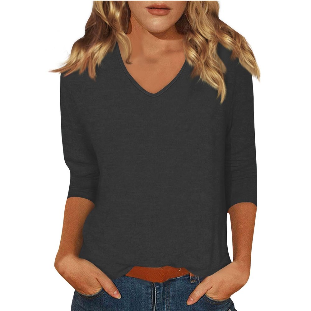 V Neck T Shirts for Women 3/4 Sleeve Basic Cute Tops Casual Three Quarter Dressy Blouses 3/4 Length Sleeve Womens Tops Fall Shirts for Women 2025 Womens Tunic Tops, Gray, Large