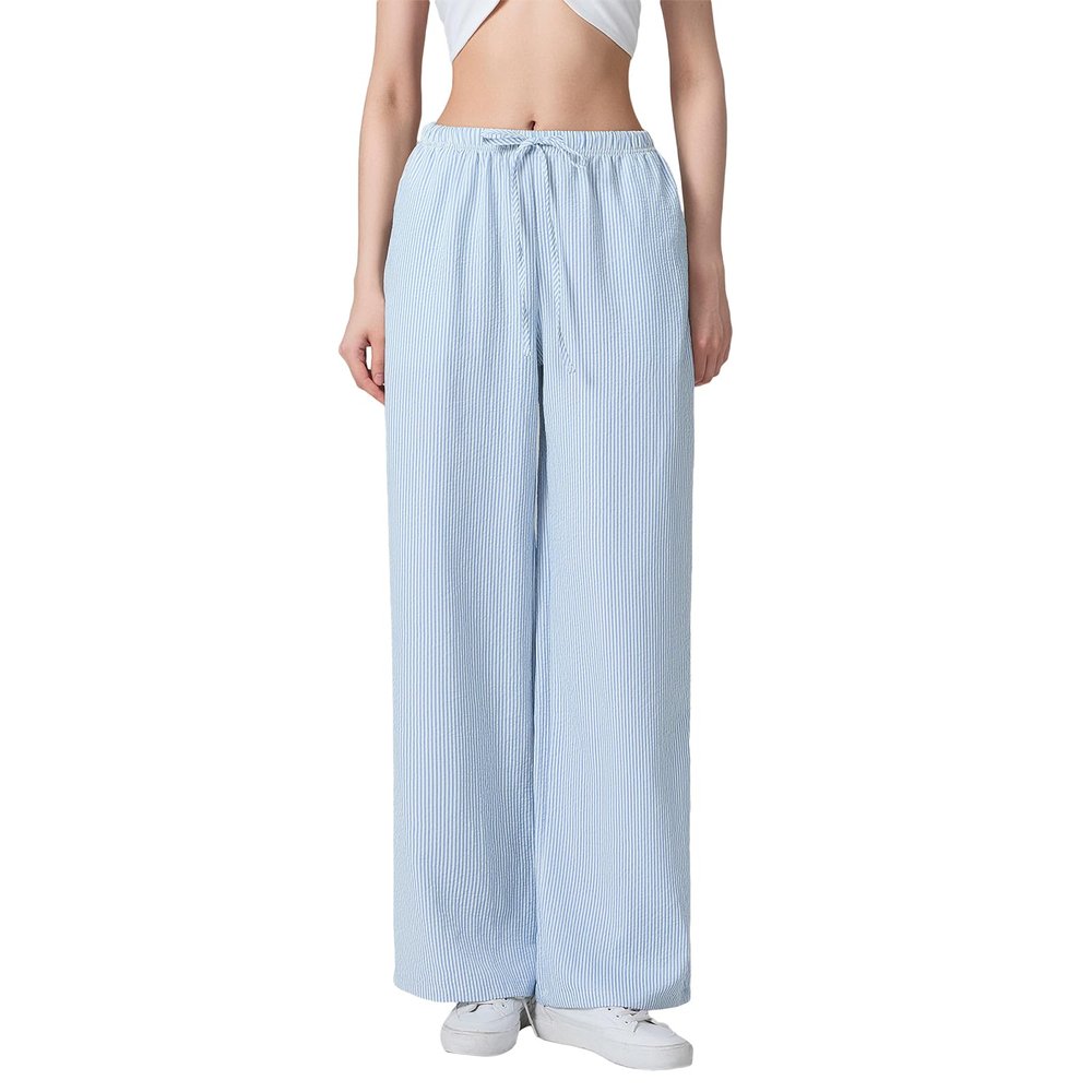 Awoscut Womens Wide Leg Striped Plaid Pants Casual Work Office Trouser High Waist Long Trousers Sweatpants Bottom Streetwear (#J153 Sky Blue, M)