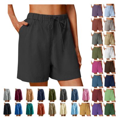 XUNRYAN Shorts for Women Trendy Summer High Waisted Comfy Bermuda Shorts Drawstring Linen Pants Beach Casual Loungewear