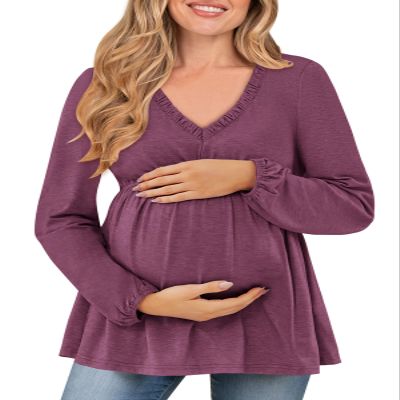 FMEYOA Maternity Tunic Tops to Wear with Leggings Ladies Babydoll Tops Purple Pregnancy Shirt L