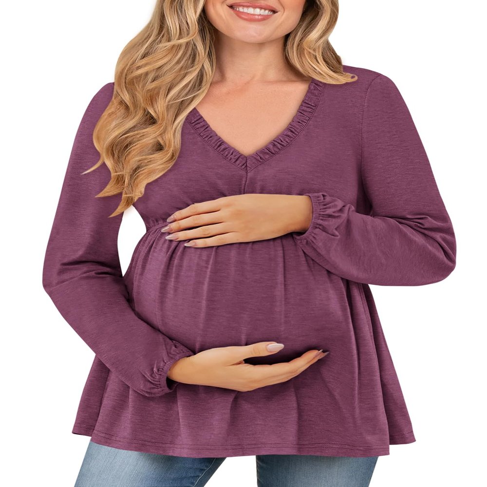 FMEYOA Maternity Tunic Tops to Wear with Leggings Ladies Babydoll Tops Purple Pregnancy Shirt L