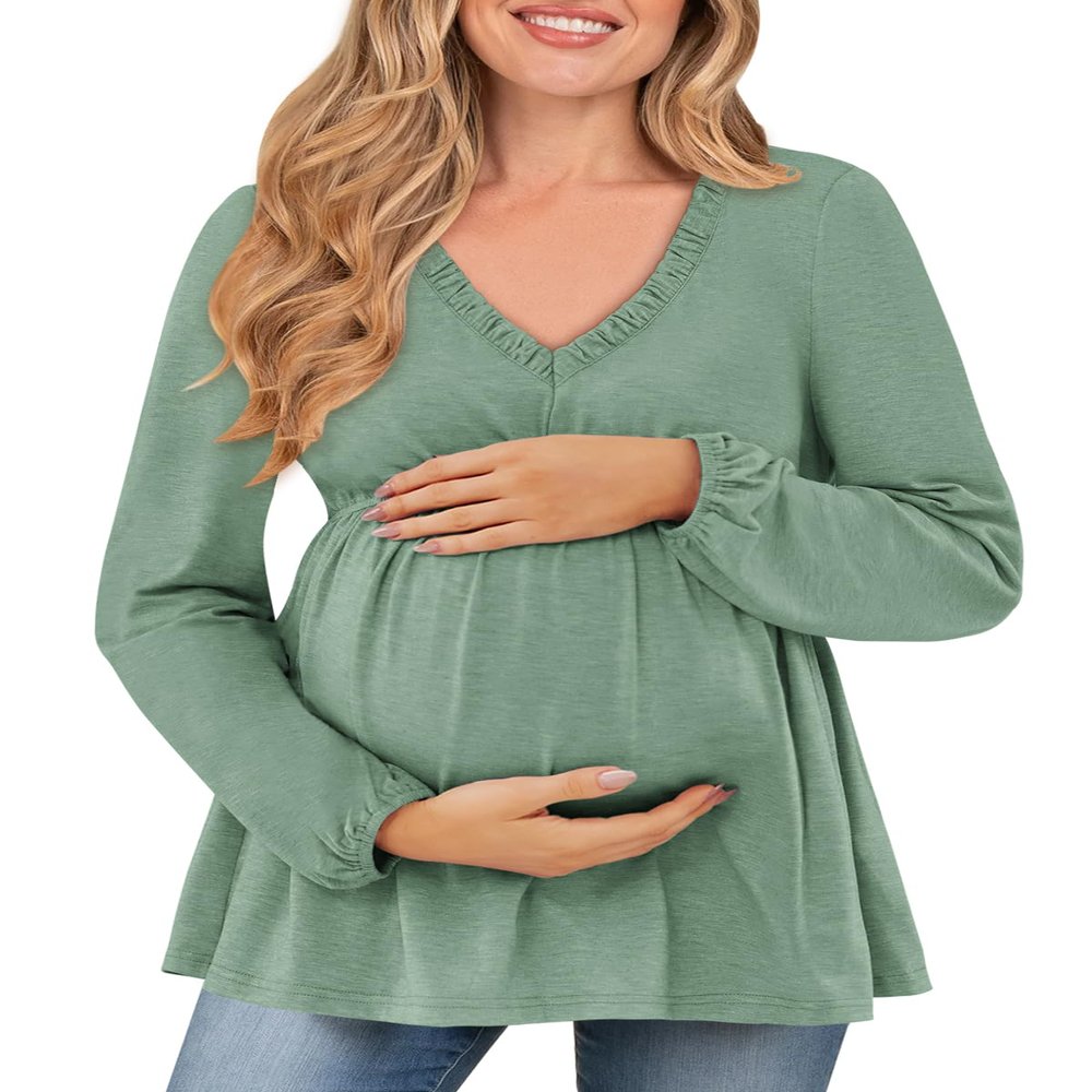 FMEYOA Womens Maternity Tops 2025 Casual Fall Winter Pregnancy Basic Blouses Dressy Green Babydoll Tee XL