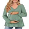 FMEYOA Womens Maternity Tops 2025 Casual Fall Winter Pregnancy Basic Blouses Dressy Green Babydoll Tee XL