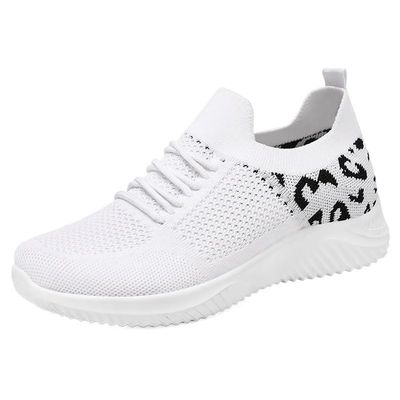 Hhhchpm Women's Casual Sports Shoes, Flying Woven Leopard Print Breathable Lace-up Running Shoes, Comfortable Platform Shoes (White,6.5)