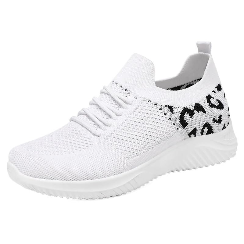 Hhhchpm Women's Casual Sports Shoes, Flying Woven Leopard Print Breathable Lace-up Running Shoes, Comfortable Platform Shoes (White,6.5)