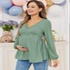 FMEYOA Pointelle Long Sleeve Tops Slim Fitting V Neck Fall Shirts Green Maternity Clothes S view 2