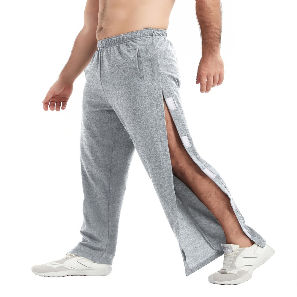 WZIKAI Men's Tear Away Pants Casual Side Snap Open Sweatpants Loose Fit Post Surgery Pants with Pockets Light Gray L