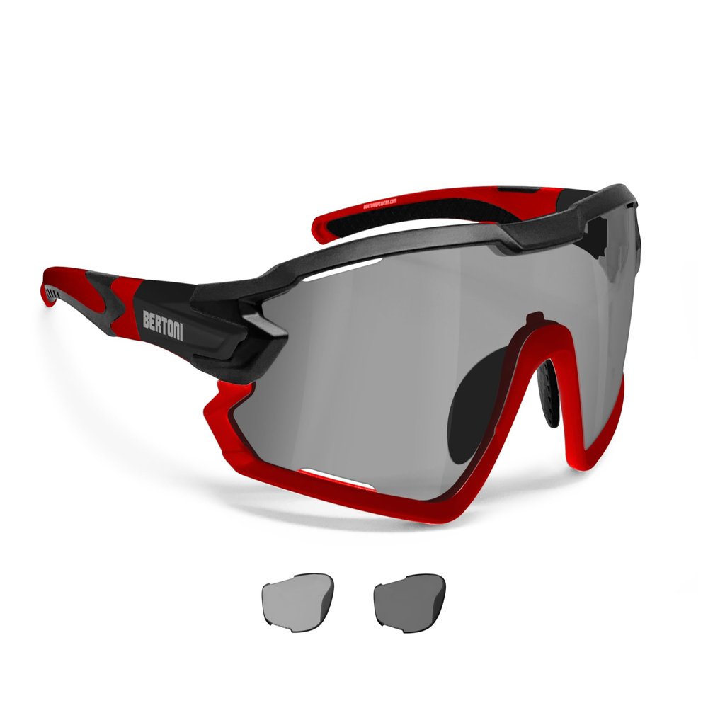 Bertoni Sport Sunglasses Polarized Photochromic Cycling MTB w. Prescription Carrier QUASAR (Black-red/Photochromic Polarized)