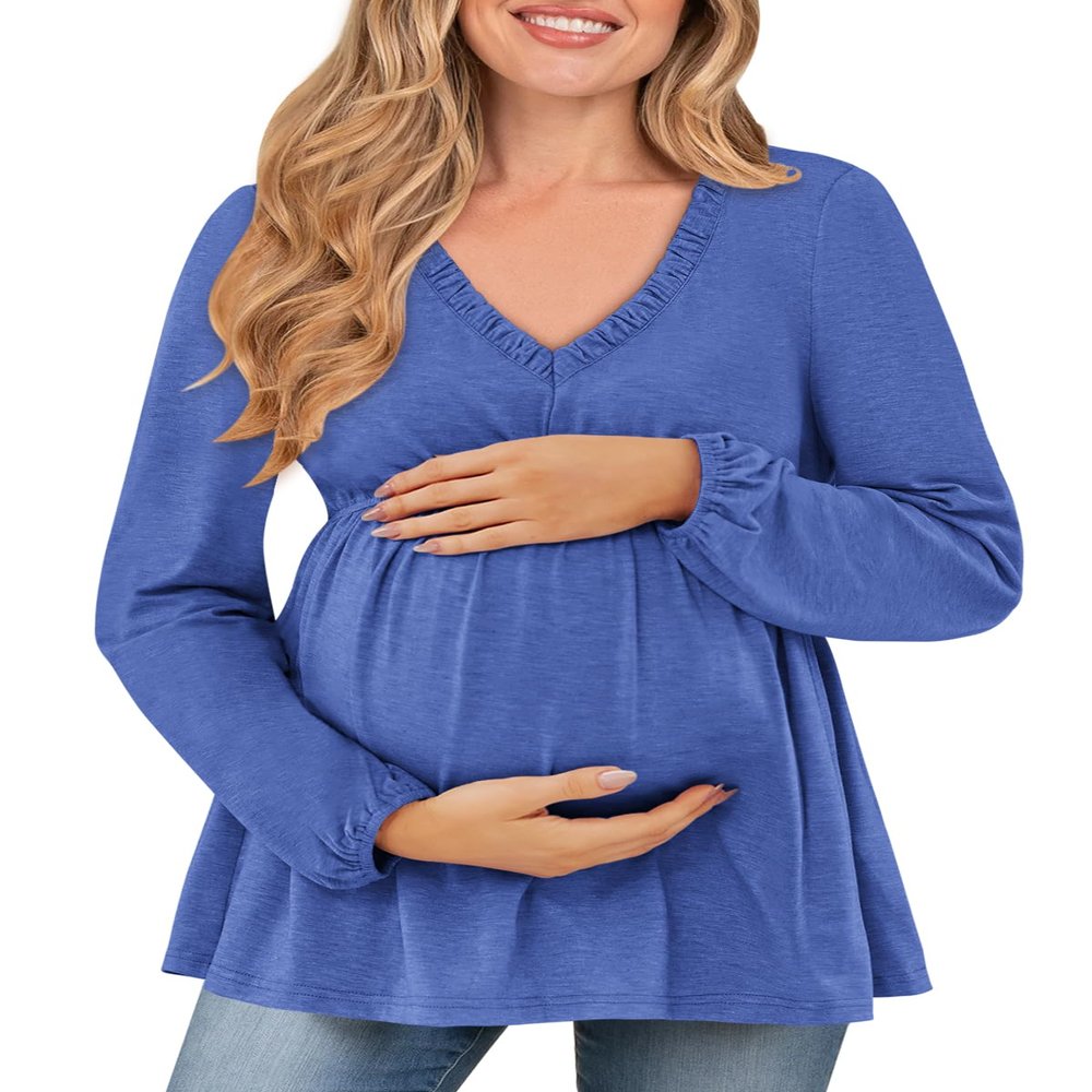 FMEYOA Long Sleeve Tops for Maternity Trendy Slim Fitted Basic Dressy V Neck Pregnancy Shirt Blue L