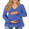FMEYOA Long Sleeve Tops for Maternity Trendy Slim Fitted Basic Dressy V Neck Pregnancy Shirt Blue L view 1