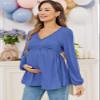 FMEYOA Long Sleeve Tops for Maternity Trendy Slim Fitted Basic Dressy V Neck Pregnancy Shirt Blue L view 2