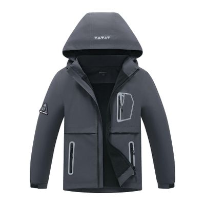 MGEOY Boys Rain Jacket Lightweight Waterproof Hooded Fleece Lined Raincoat Windbreakers for Kids Gray 12/14