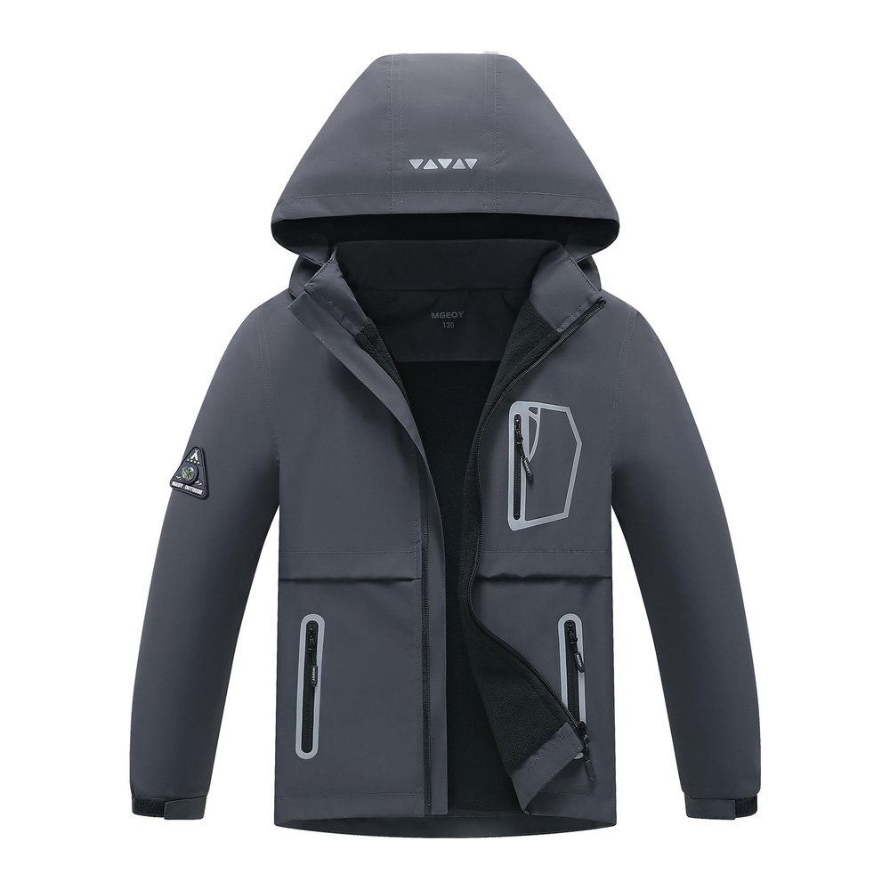 MGEOY Boys Rain Jacket Lightweight Waterproof Hooded Fleece Lined Raincoat Windbreakers for Kids Gray 12/14