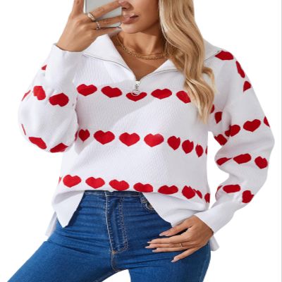 Allifewithu Women's Zip Up Pullover Sweaters Long Sleeve Side Slit Loose Casual Cute Heart Knit Sweater (White,X-Largel)