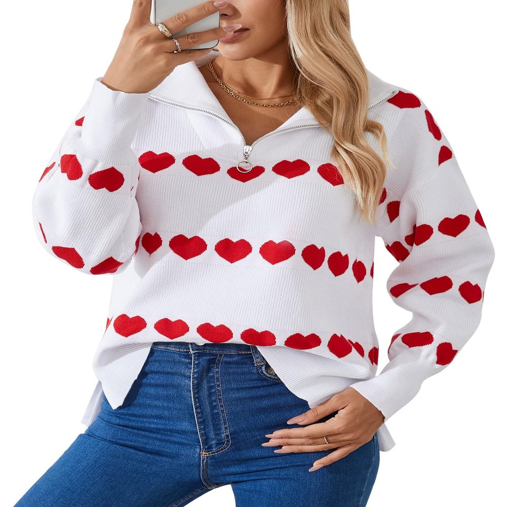 Allifewithu Women's Zip Up Pullover Sweaters Long Sleeve Side Slit Loose Casual Cute Heart Knit Sweater (White,X-Largel)
