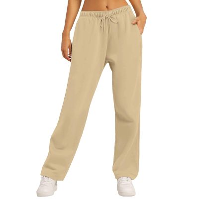 Khaki Fleece Lined Wide Leg Women's Gym Sweatpants - Baggy, Low Waisted, Straight Leg, Loose Cotton Joggers with Pockets