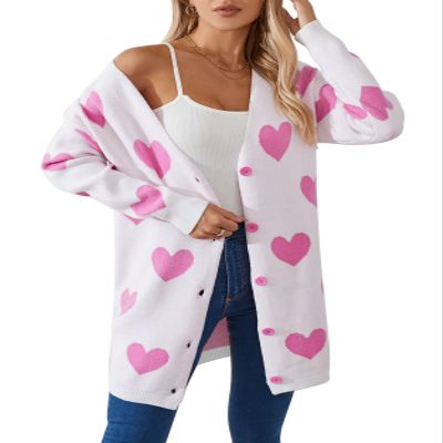 Allifewithu Women's Valentine Cardigans Sweater Fall Winter Loose Casual Cute Heart Button Down Cardigan Coat White Large